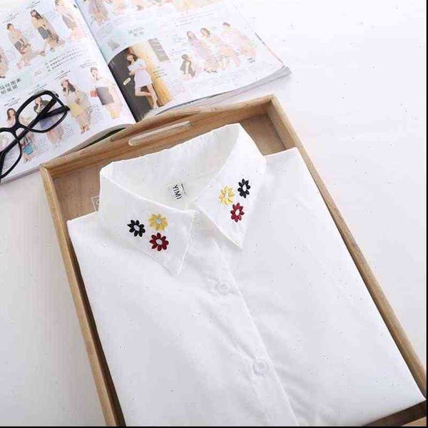 

white long sleeve korean embroidered women shirt collar office elegant work clothes