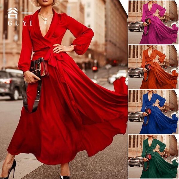 

women's v-neck dress long skirt solid color swing skirt, Black;gray