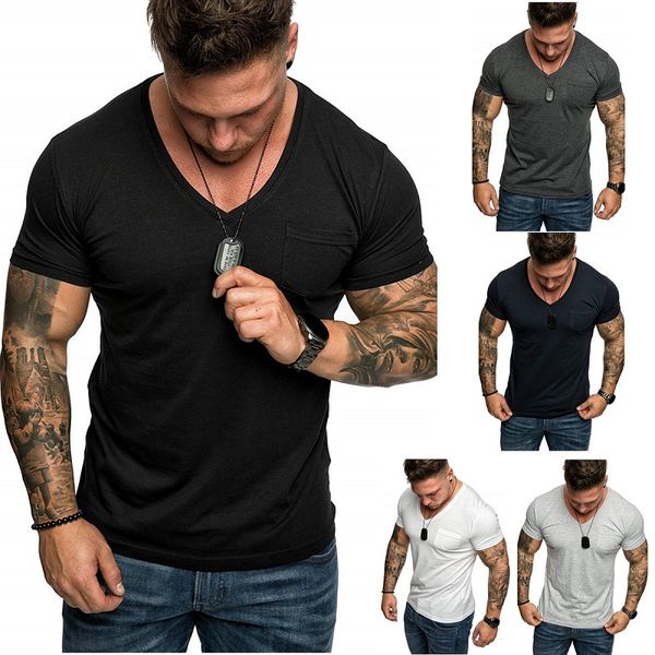 

2021 men's retro v-neck fashion all-match men's solid color t-shirt slim pocket men's sports short-sleeved plus size t-shirt, White;black