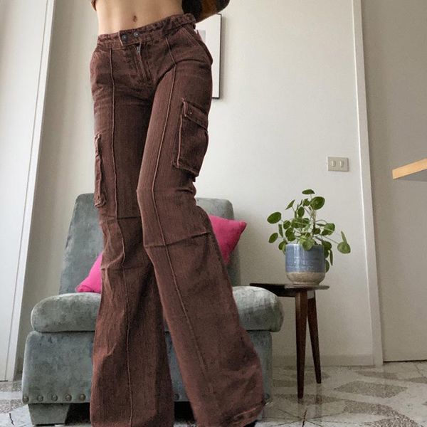 

women's jeans pocket patchwork cargo women streetwear vintage baggy flared denim pants autumn harajuku korean 90s fashion casual bottom, Blue