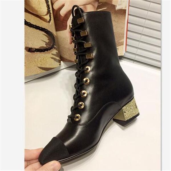 

metal boots women lace up botas feminina ankle leather mujer thick high heel shoes woman pointed toe, Black