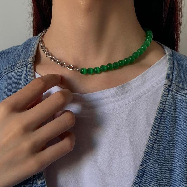 

pendant necklaces ingemark hip hop titanium steel clavicle chain necklace for women men natural marble green beaded choker grunge jewelry, Silver