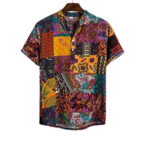 

men's casual shirts mens ethnic short sleeve cotton linen printing hawaiian shirt blouse loose fit hawaii vintage african print, White;black
