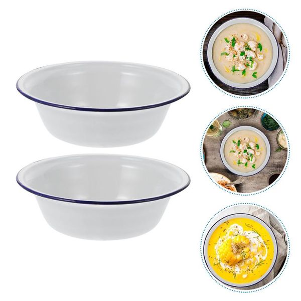 

bowls 2pcs simple enamel basins soup household enamelwares for home (white)