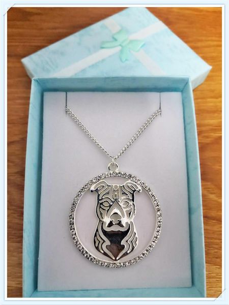

pendant necklaces american staffordshire terrier pit bull crystal stainless steel women necklace jewelry femme dog key chain with gift box, Silver