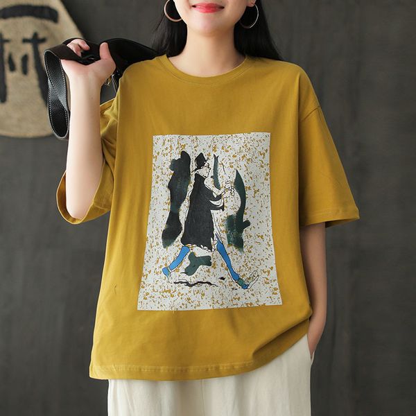 

johnature summer loose leisure print o-neck short sleeve all-match cotton t-shirt simple comfortable 5 color women 210521, White