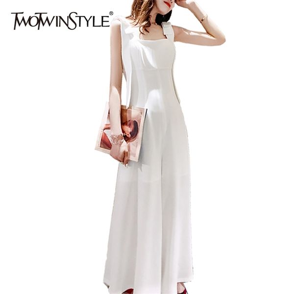 Elegante macacão branco para as mulheres cinta sem encosto de cintura alta calças largas pantsuits mola feminina moda 210521