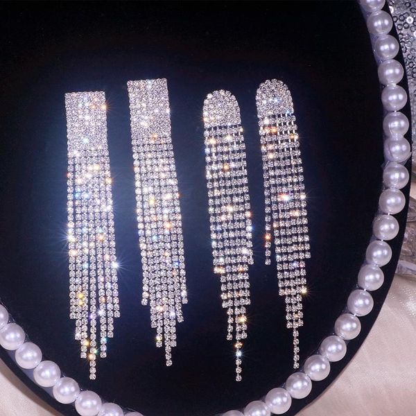 

dangle & chandelier trendy silver color long tassel earrings rhinestone drop for women crystal wedding party jewelry gifts