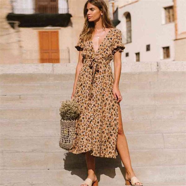 V pescoço leopardo ponto imprimir manga curta vestido longo mulheres sexy split bandage verão vestido praia maxi boho vestido elegante vestido robe 210415