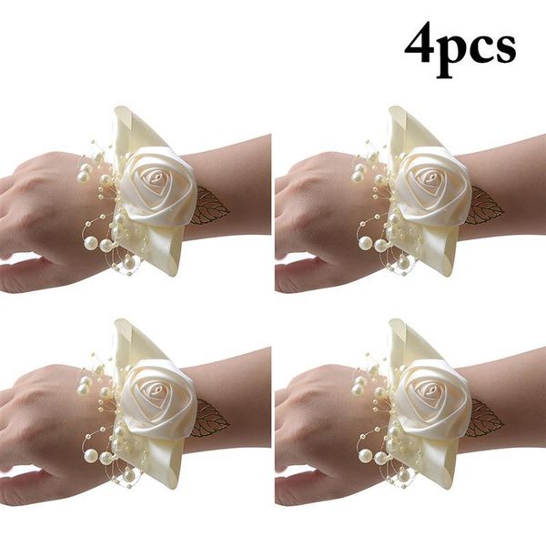 

4pcs wedding wrist flower rose pearl silk ribbon bride corsage hand decorative wristband bracelet bridesmaid flowers & wreaths