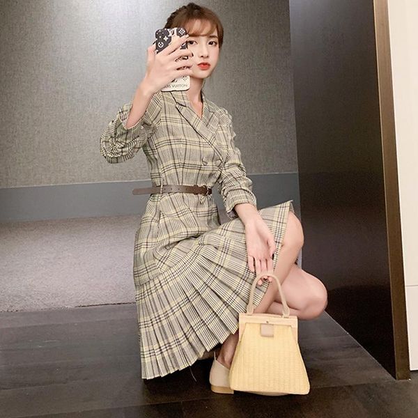 

autumn temperament professional style long-sleeved pleated dress double breasted suit collar women casual dresses, Black;gray