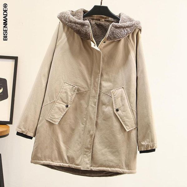 

plus size outerwear & coats women clothing parkas 2021 winter loose thick fleece sand wash hooded cotton-padded jacket j8-986, Black