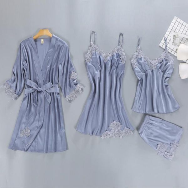 

lingerie women casual lace bathrobe night dress four pieces silk solid pants sleepwear set female clothing women's two piece, White