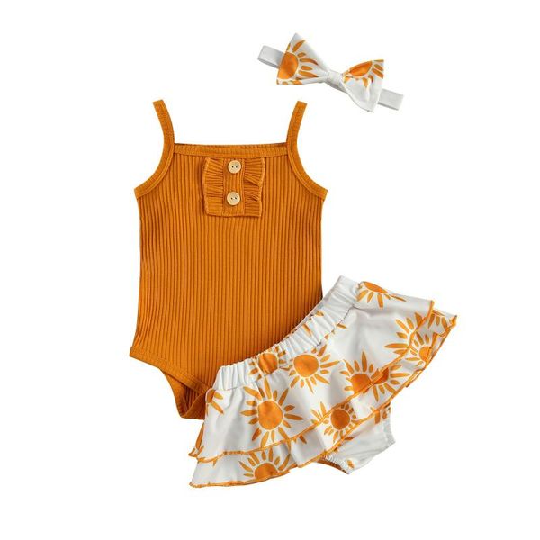 

clothing sets 3pcs fashionable baby girls outfit summer solid color sleeveless suspender romper + printing short skirt bow headwear set, White