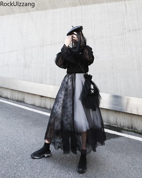 

skirts korean women gothic harajuku embroidery lace mesh high waist midi long boho black tulle skirt punk streetwear vintage party