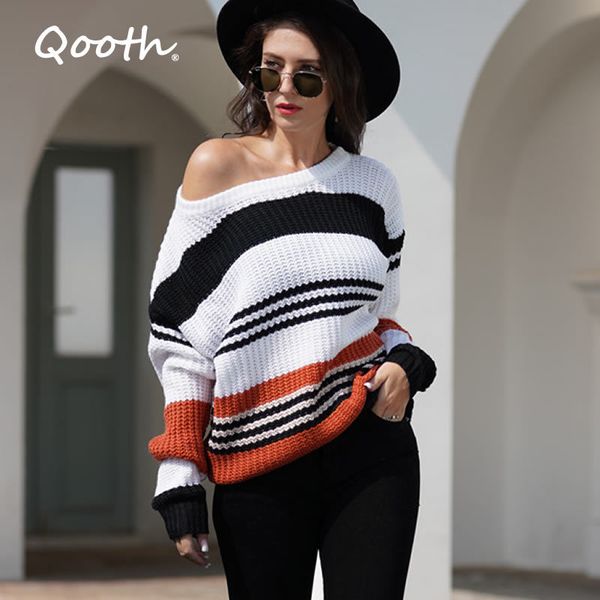 

qooth loose jumper women crochet knitwear stripe long sleeve pullover sweaters women loose casual qt342 210518, White;black