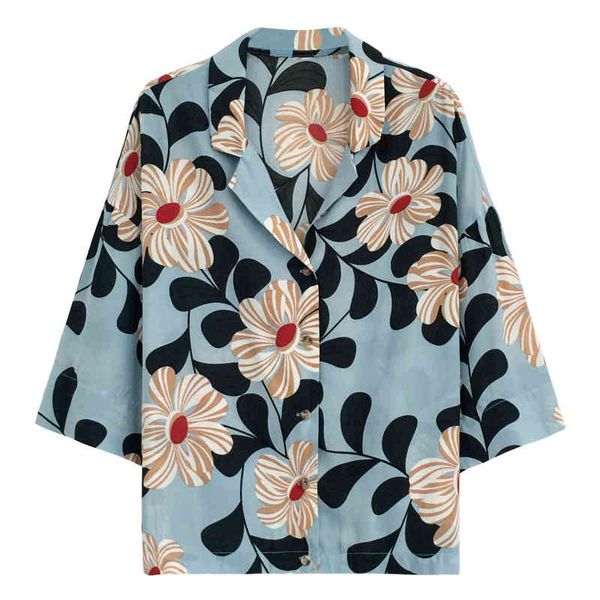 Hawaii Blue Yellow Floral Flower Print Summer Turn Down Collar Button Women Three Quarter Shirt Sleeve Shirt B0100 210514