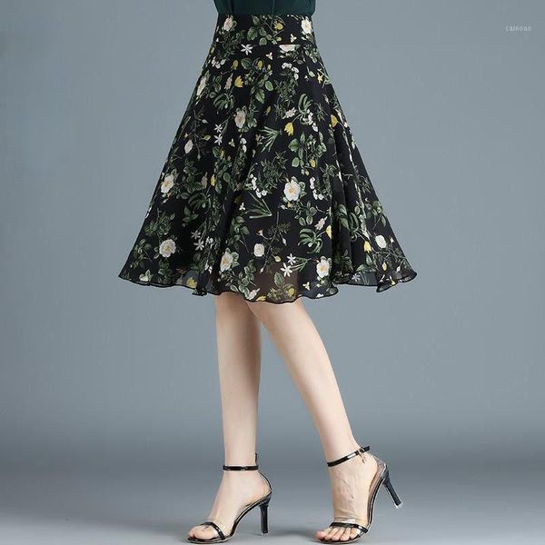 

skirts 2021 women's floral printed female elegant high waist chiffon knee length skirt summer woman casual a-line y207, Black