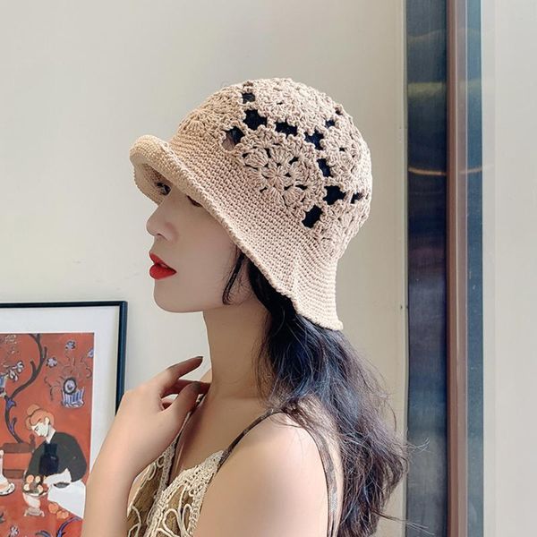 

wide brim hats fashion hollow hook flower bucket hat female summer version sunscreen ultraviolet sun breathable knitting crochet women caps, Blue;gray