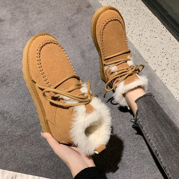 

boots 2021 winter plus velvet warm snow female short tube cotton lacing non-slip keep, Black