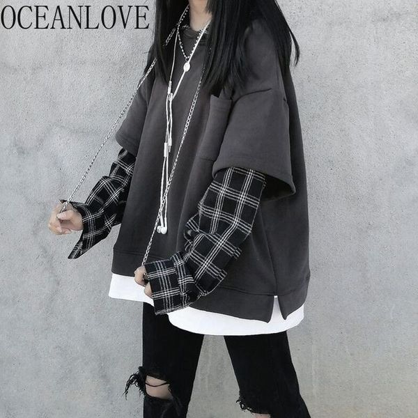 

women's hoodies & sweatshirts oceanlove fake 2 pcs harajuku women clothes plaid patchwork vintage fleece warm sudaderas mujer 19187, Black