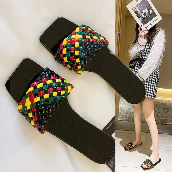 

slippers 2021 summer women slides pu fashion colorful weave soft sole flats brand outside flat low heel leisure lady shoes, Black