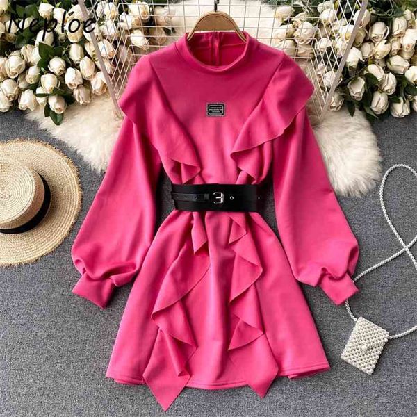 

neploe fashion puff sleeve new french style dress chic ruffles patchwork design vestidos stand collar slim fit women dresses 210423, Black;gray