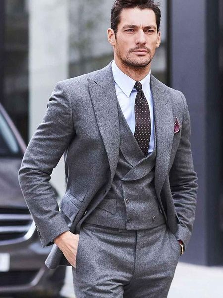 

men's suits & blazers anniebritney grey fall winter tweed business 3 piece suit 2021 peaked lapel formal groom wedding cutsom tuxedo, White;black