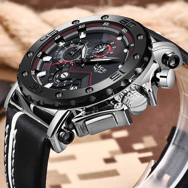 

men watches lige brand luxury male big dial business chronograph waterproof quartz wrist watch men casual leather date clock 210527, Slivery;brown