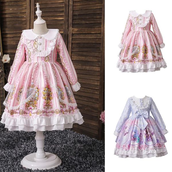 

girl's dresses 2021 pretty lolita princess for girls long sleeve printing lace dress children's birthday party lovely costume 3-10, Red;yellow