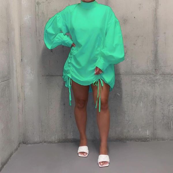 

casual dresses echoine long sleeve fashion latern shirt mini dress turtleneck drawstring vintage vestidos party club outfits, Black;gray