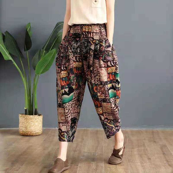 

arrival summer arts style women loose casual vintga print ankle-length pants elastic waist cotton linen harem pants w50 210608, Black;white