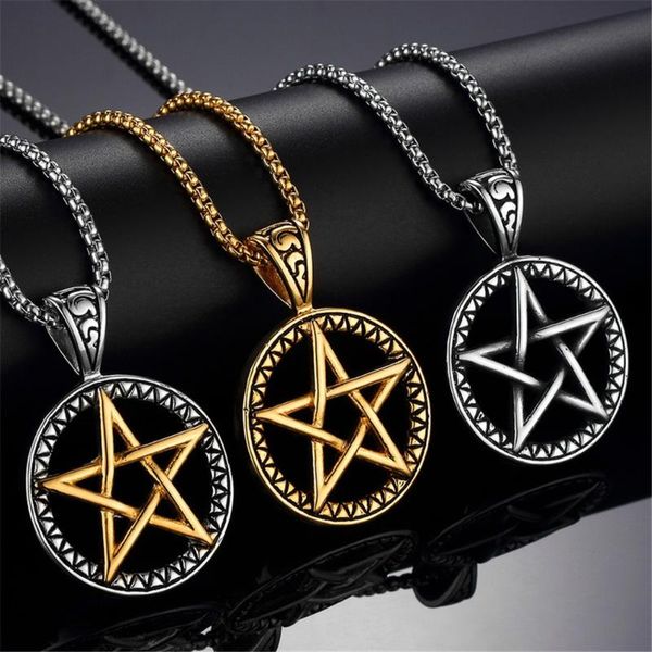 

pendant necklaces retro gothic five-pointed star necklace men and women chain punk jewelry gift wholesale, Silver