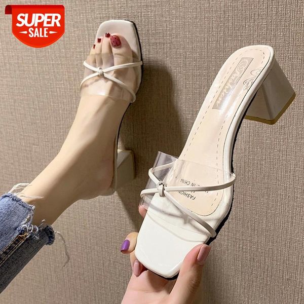 

high heels square heel celebrity wearing simple style pvc clear strappy buckle woman transparent women slippers shoes #g82k, Black