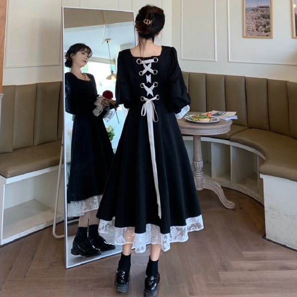 

lolita style women long dress sweet lace bandage cosplay dress 2021 spring plus size butterfly sleeve ladies dresses 3xl, Black;gray
