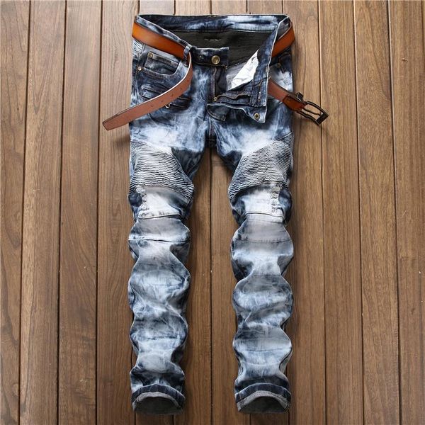 

men's jeans worn hole straight pants nostalgia wash ripped denim, Blue