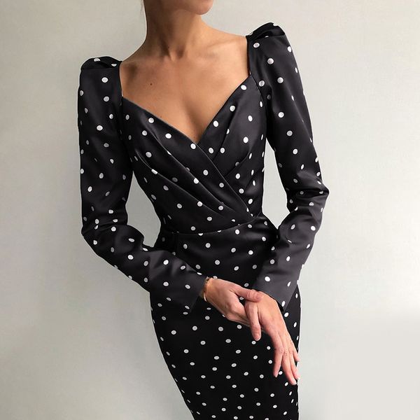 

2021instaelegant casual dress women slim v neck long sleeve mid calf pencil dress 2021 club office lady polka dot puff sleeve, Black;gray