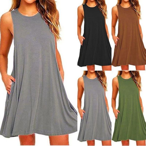 

2021 women's summer casual swing t-shirt dresses beach cover up with pockets plus size loose t-shirt dress, Black;gray