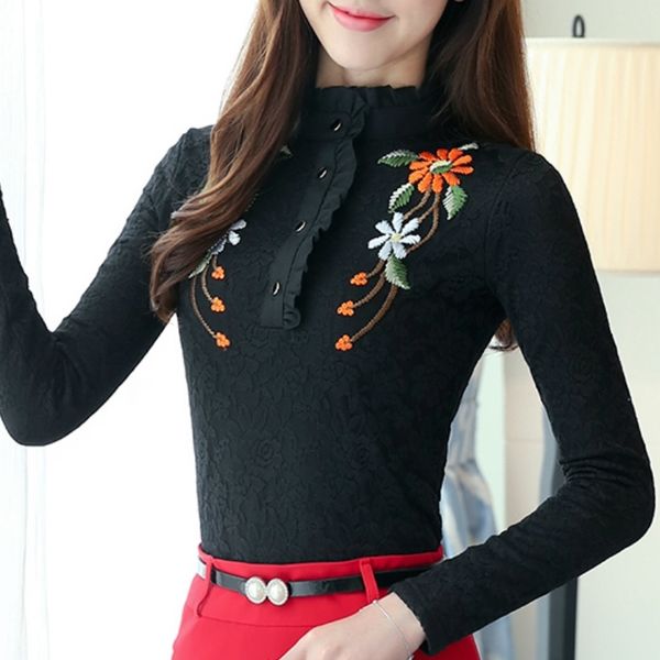 

blouses woman autumn long sleeve floral embroidery blouse women lace blouse plus size womens and blouses c164 210426, White
