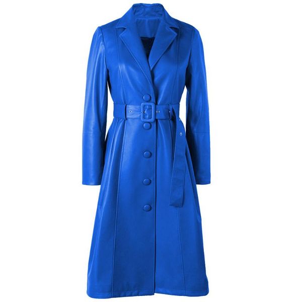 

women's leather & faux women genuine jacket ladies single breasted long trench coat, Black