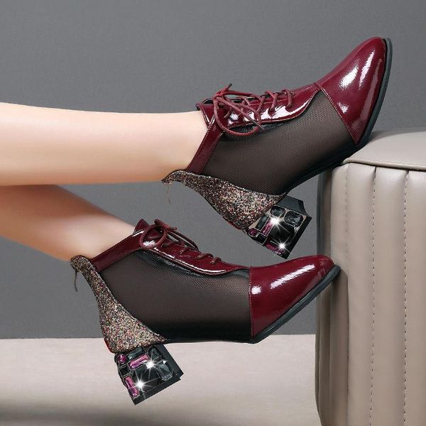 

spring fall mesh boots woman 2021 women's shoes rhinestone square heel sequins booties zip patent leather for female black red