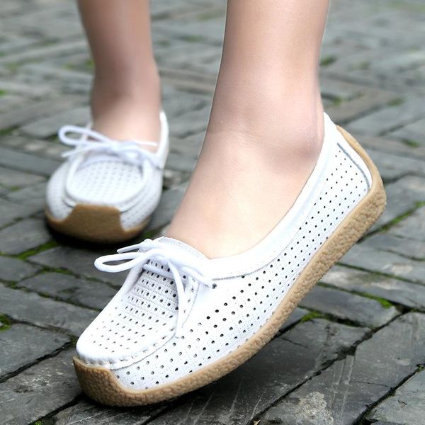 

leather women's sandals openwork bow hole shoes flat light and comfortable breathable, Black