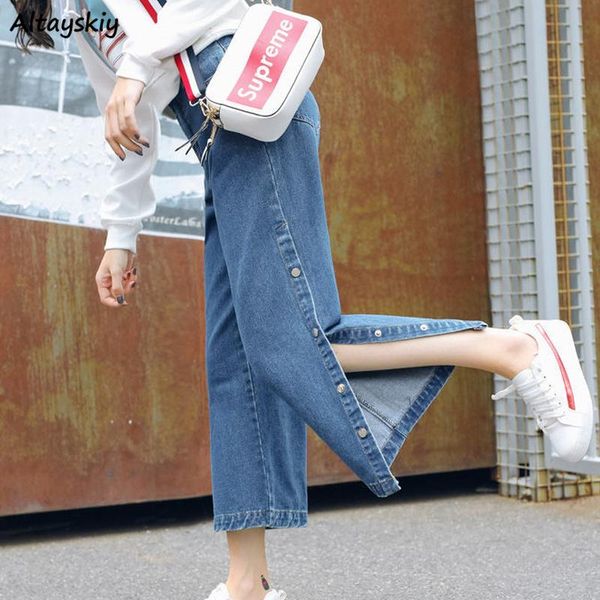 

women's jeans women ankle-length side-slit buttons teenagers vintage wide leg denim trousers ulzzang all-match streetwear temper elegan, Blue