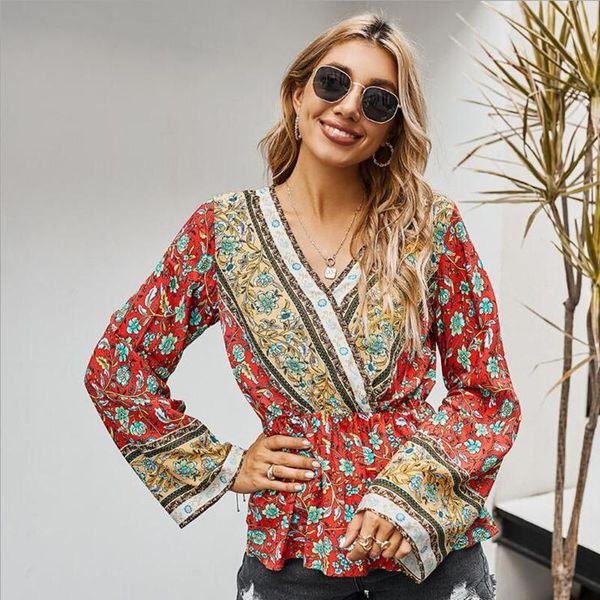 

aprmhisy spring autumn women blouse shirt long sleeve v-neck floral print casual beach loose shirts femme women's blouses &, White