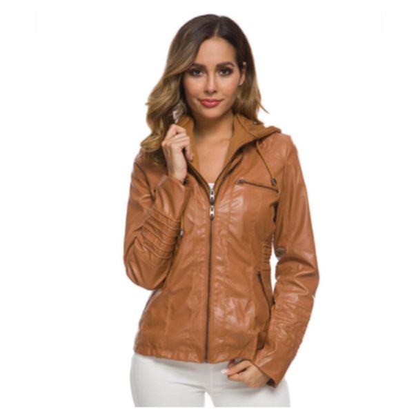 

women's jackets european american style spring autumn short leather jacket hooded lady brown zipper motorcycle, Black;brown