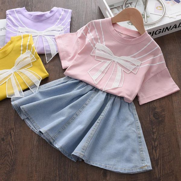 

girls clothing sets toddler girl lace bow t-shirt denim skirt summer outfits 2pcs short sleeve children suits costumes for kids, White