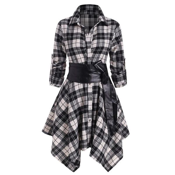 

casual dresses 2021 gothic women's belt plaid dress middle long ladies fashion sleeve button vestido feminino, Black;gray