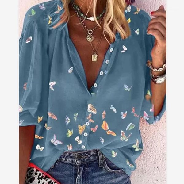 

women's t-shirt spring fashion women elegant butterfly print female v-neck buttons half sleeve lady, White