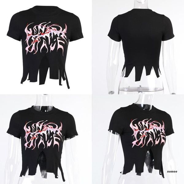 

women's t-shirt women gothic short sleeve flame crop ragged irregular distressed, White