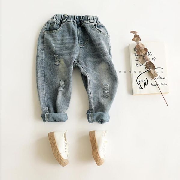 

jeans 2021 style girls boys denim holes long pants autumn fashion kids flare, Blue